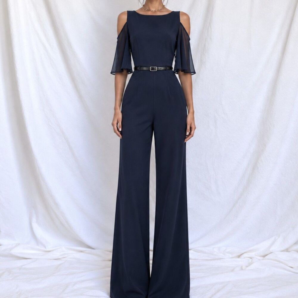 Vintage Y2K Connected Apparel Blue Cold Shoulder Straight Leg Jumpsuit Size M
